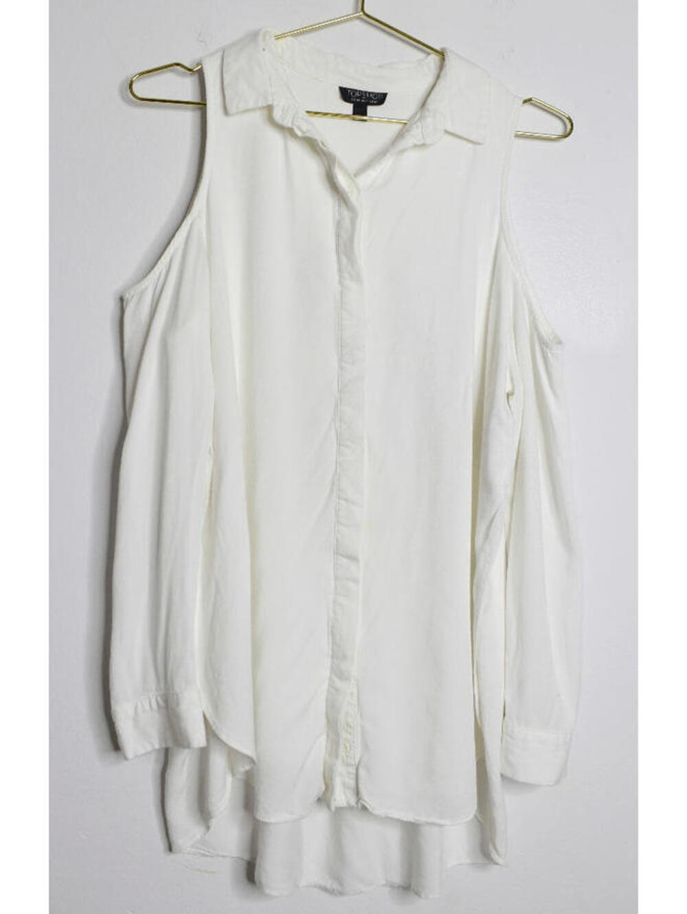 Topshop Shoulder Cutout Long Sleeve Button Down Cream Blouse - High Low Cut - 8